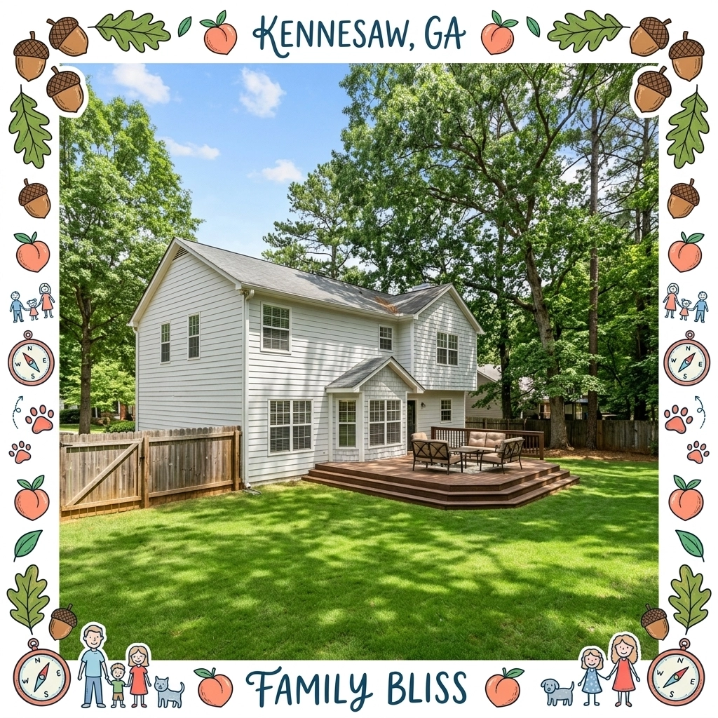 A lush green backyard in a Kennesaw neighborhood with a wooden deck and mature trees, framed with playful hand-drawn accents. A lush green backyard in a Kennesaw neighborhood with a wooden deck and mature trees, framed with playful hand-drawn accents.