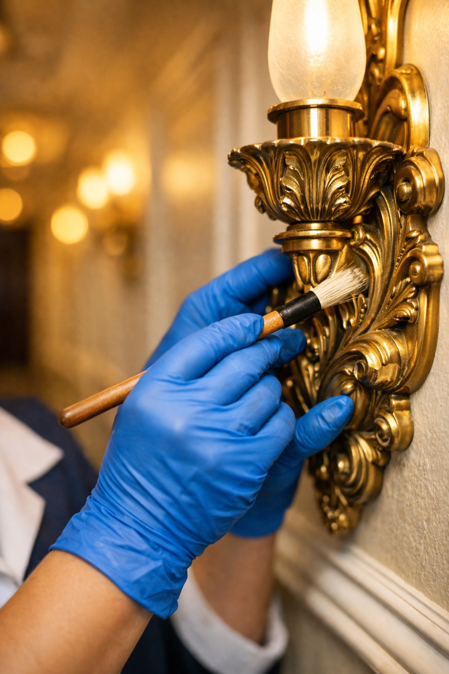 Professional cleaner detailing a brass fixture during a luxury house cleaning service in Sherborn.