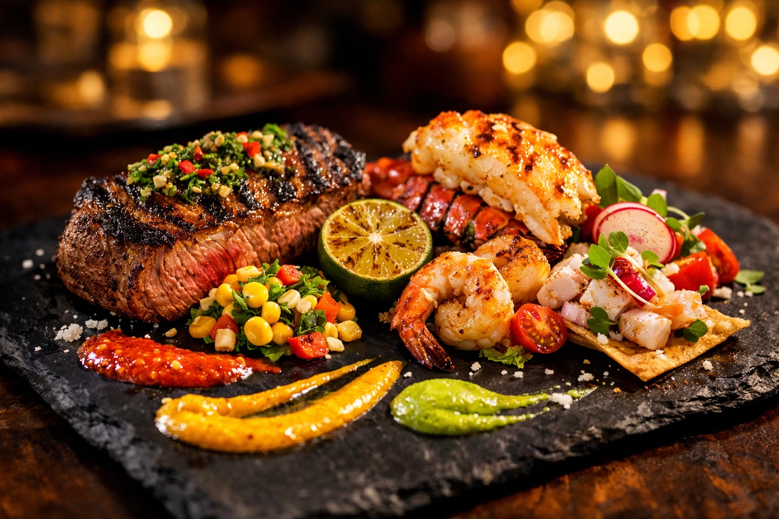 Premium steak and seafood dinner with Latin garnishes at upscale Boise area restaurant