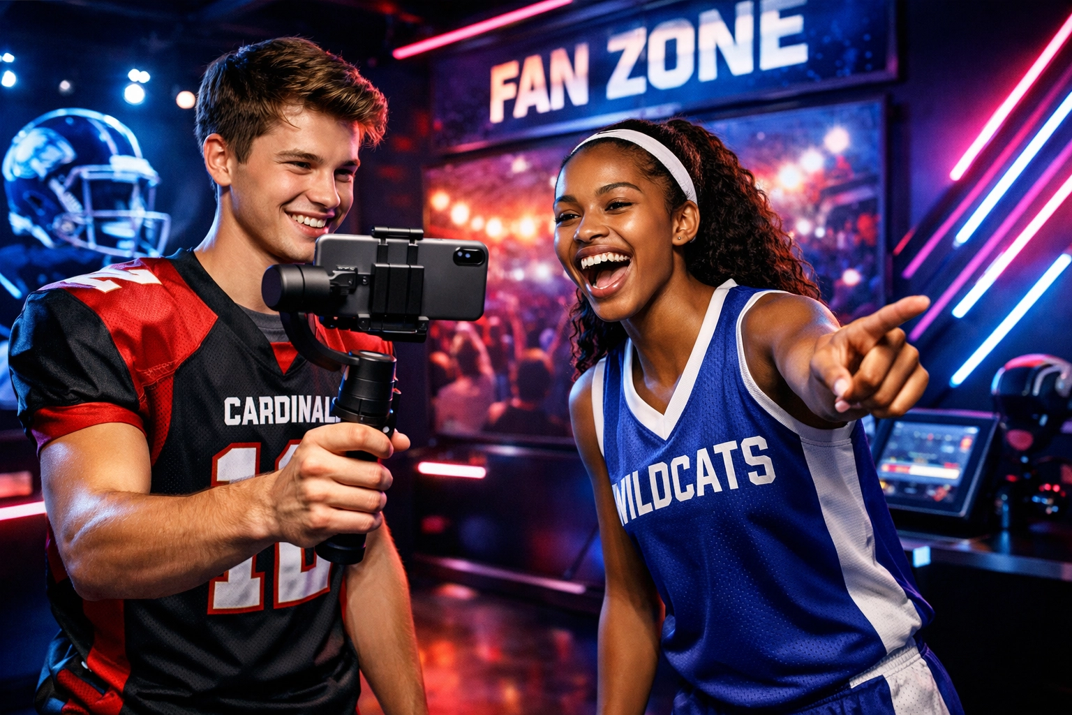 Student-athletes producing behind-the-scenes NIL content at a high-tech Super Bowl fan activation.
