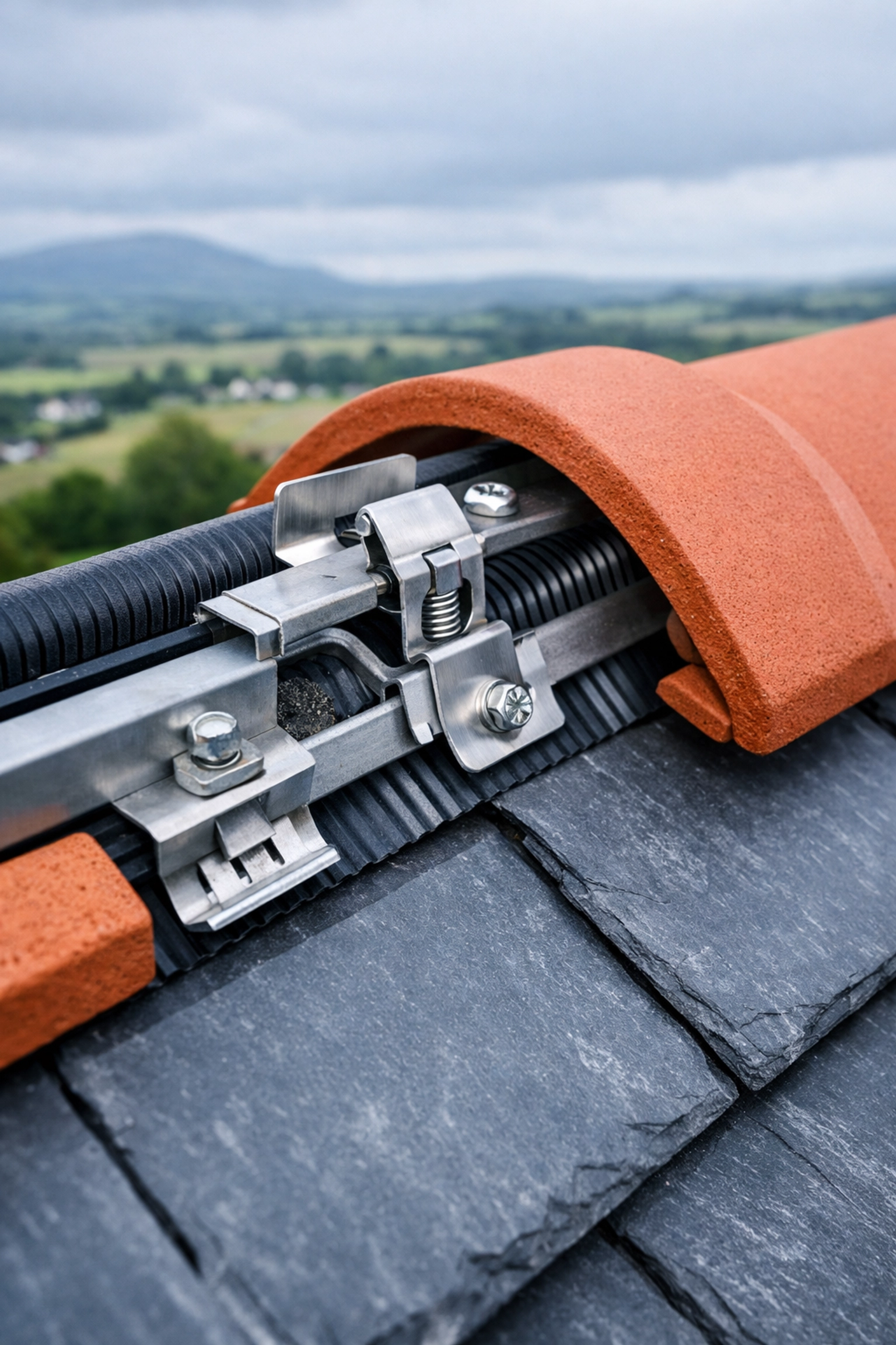 Dry ridge system mechanical brackets securing roof tiles on Northern Ireland home