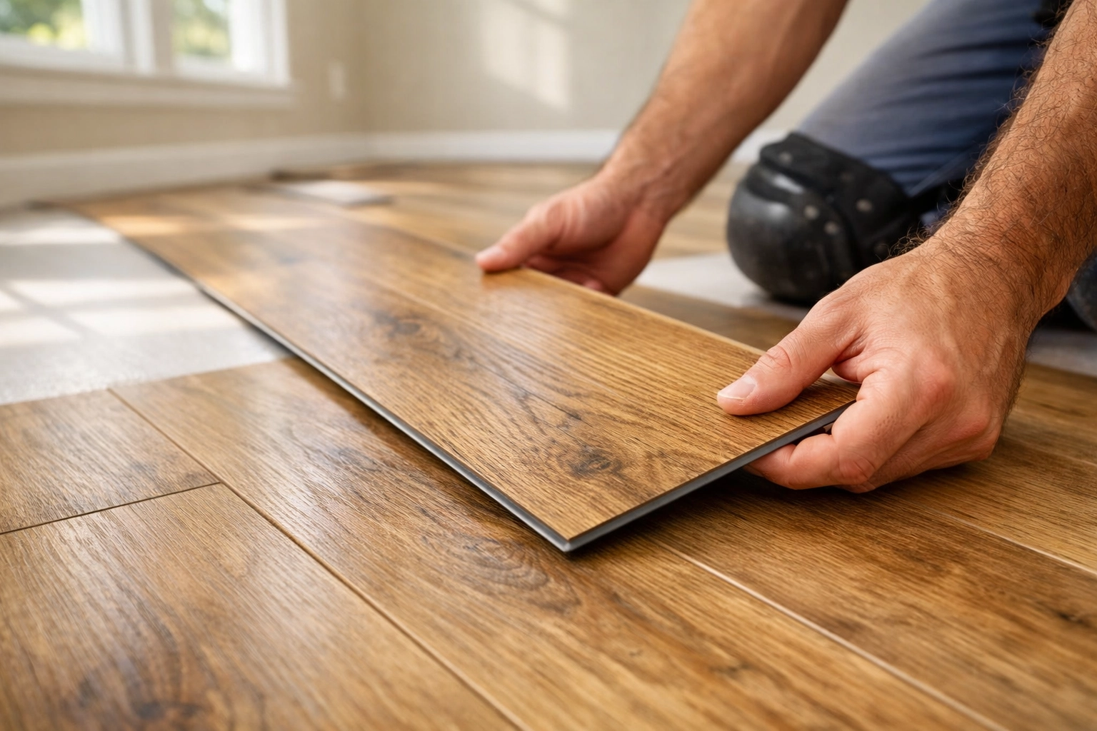 Professional luxury vinyl plank installation in Orlando home showing wood-look LVP flooring