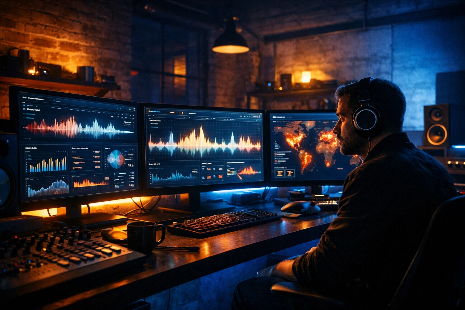 Music marketing professional analyzing global data in a high-tech virtual war room command center.