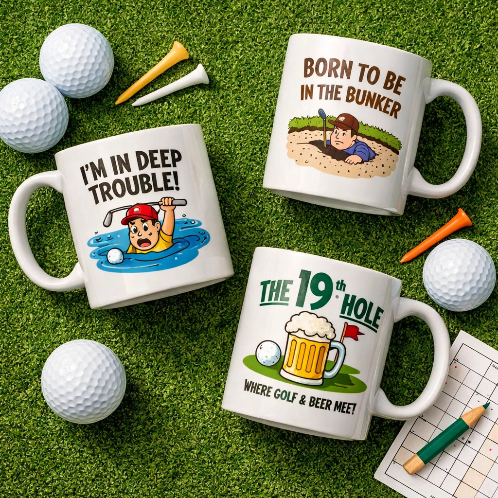 Collection of funny golf mugs with humorous designs and golf accessories