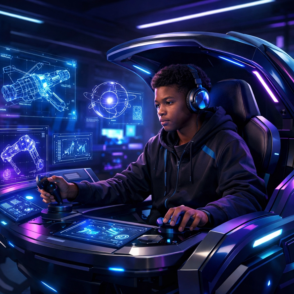 High school student using an EsportsPod simulation station for advanced robotics and technical career training.