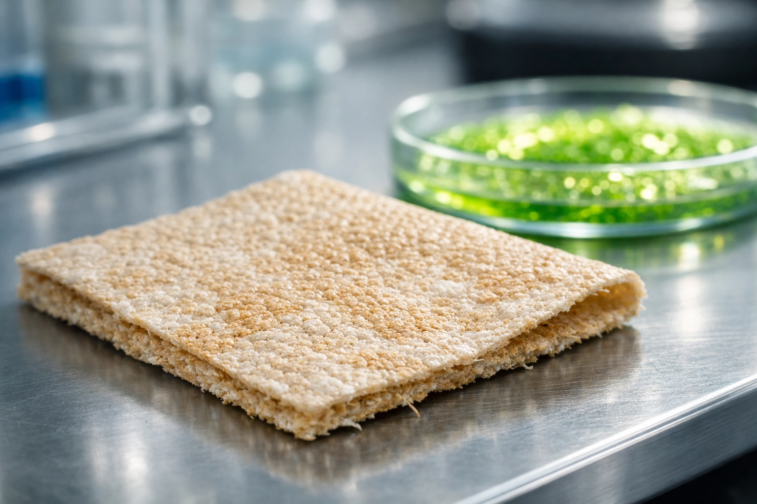 Close-up of mycelium leather and algae-based pigments used in circular fashion manufacturing.