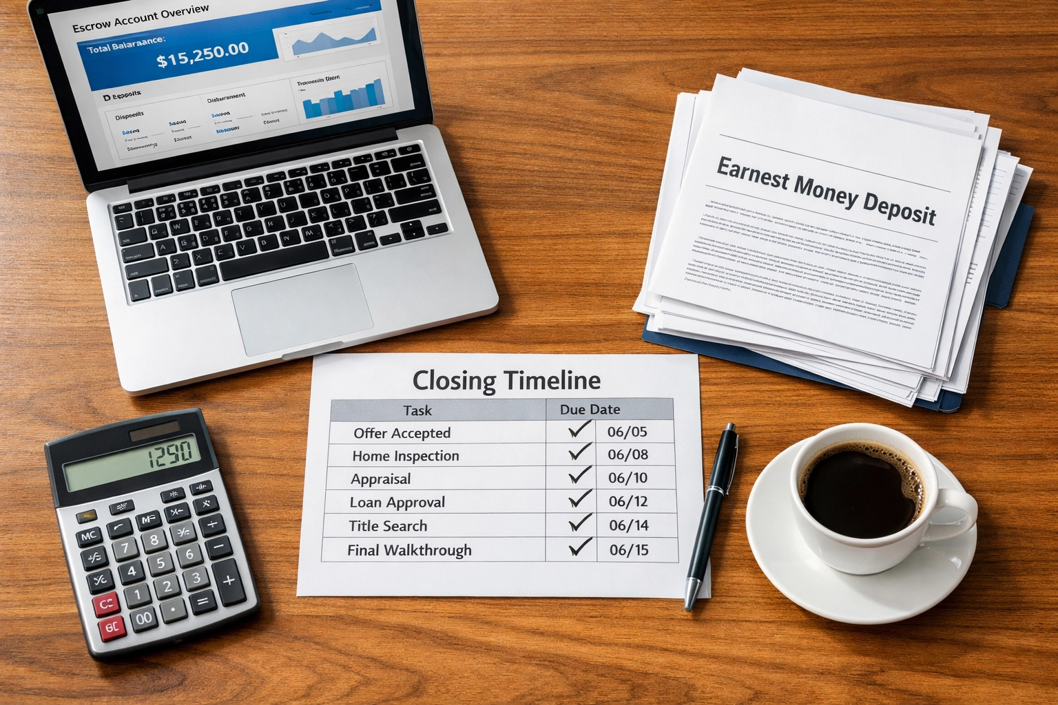 FSBO closing timeline calendar with earnest money documents and escrow account on home office desk