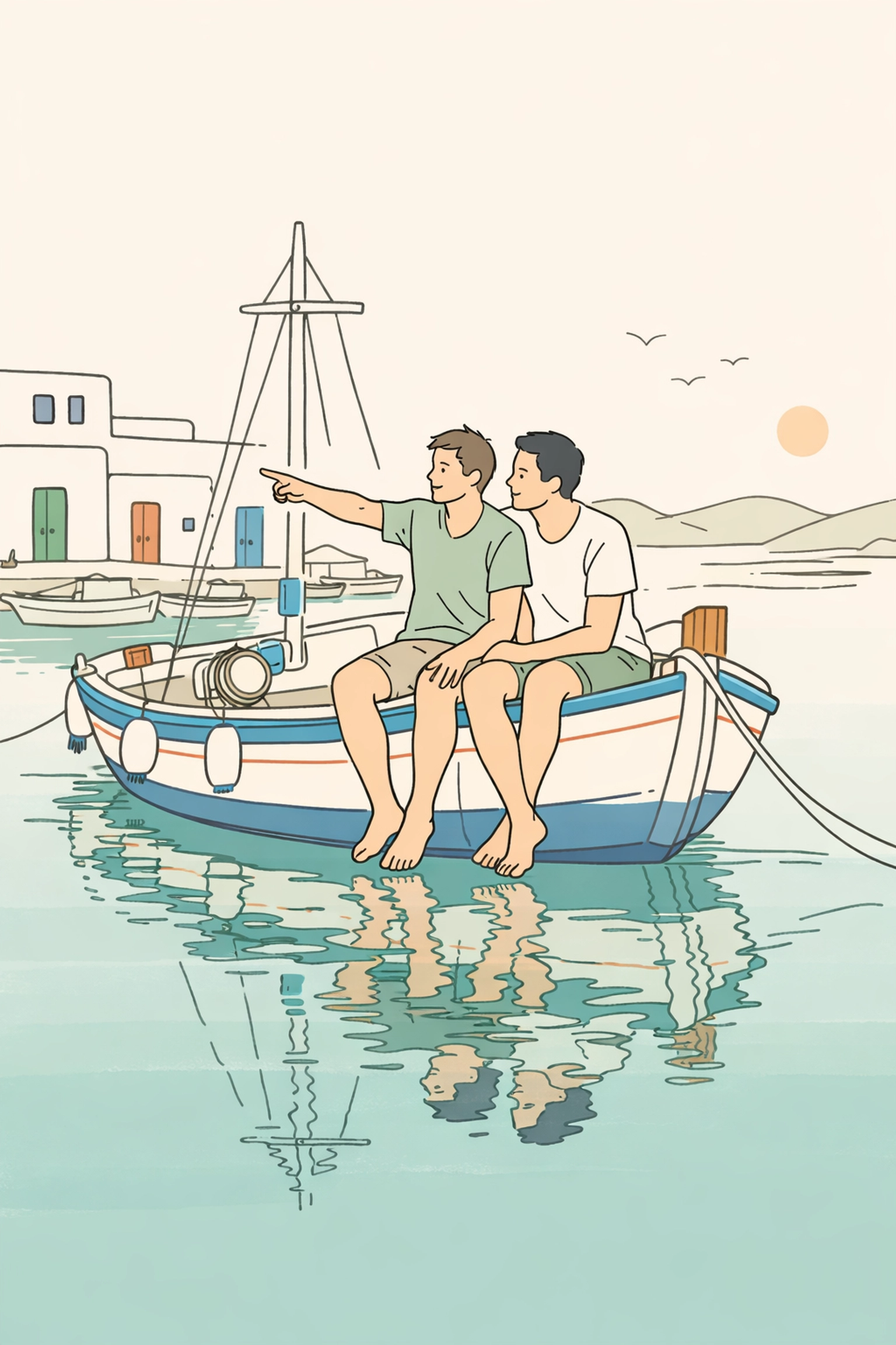Two men on traditional Greek fishing boat in harbor - MM romance Greek islands setting