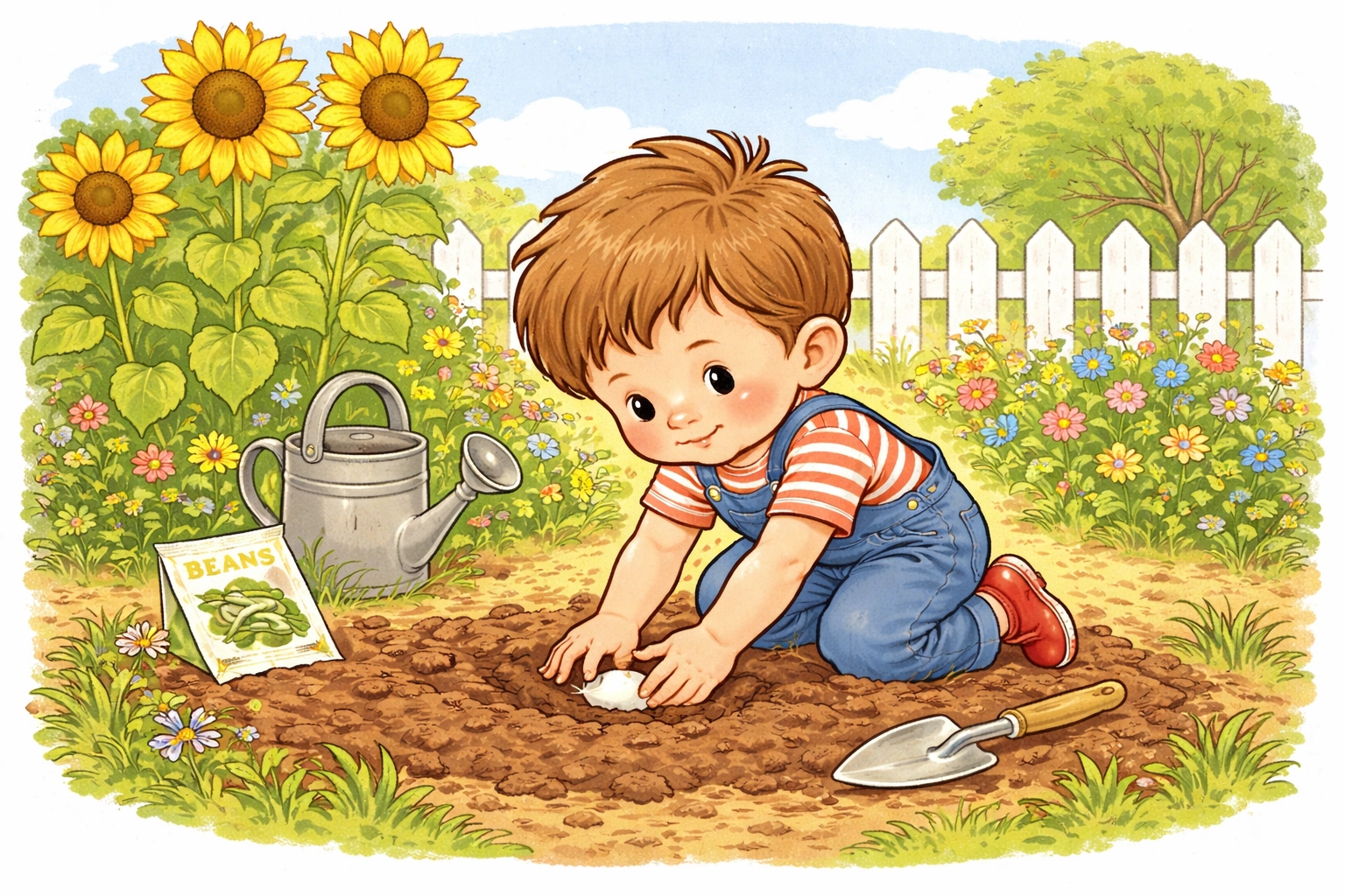 Child planting a bean seed in a sunny garden, teaching patience and responsibility while gardening