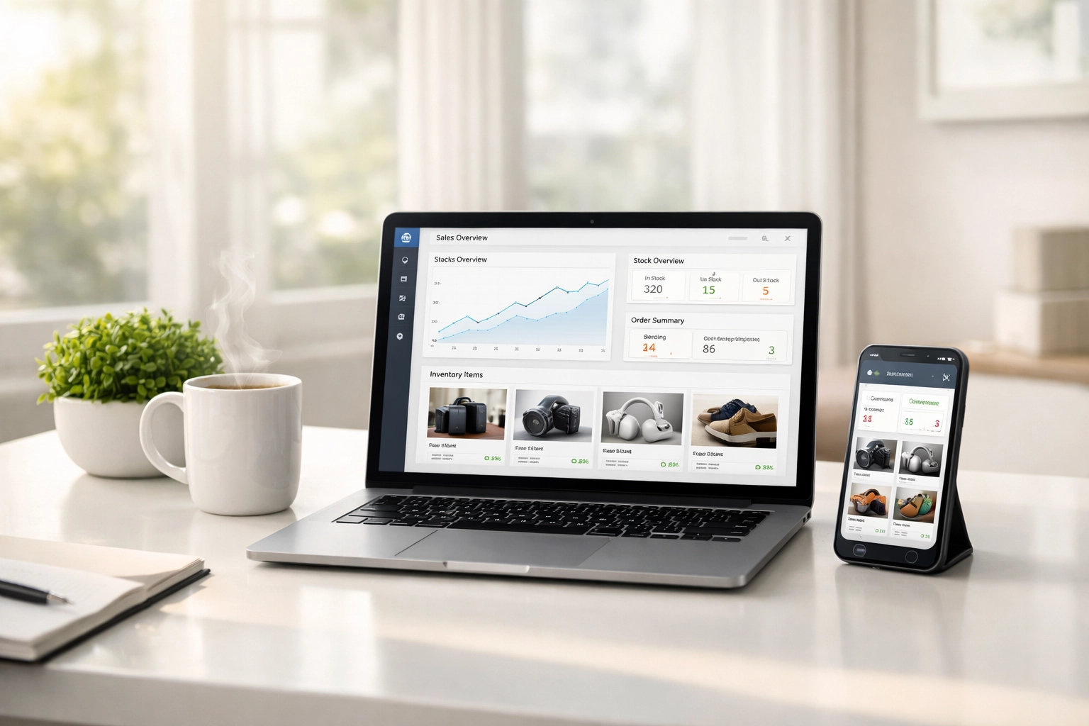 Clean and organized home office setup for professional e-commerce inventory management and business growth.