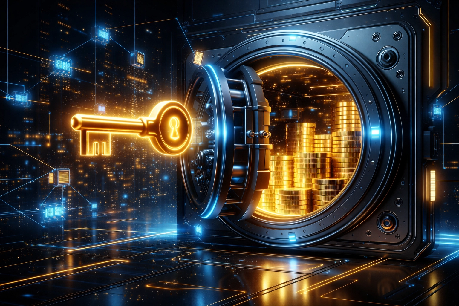 A secure digital vault with cryptocurrency coins highlights self-custody and control over crypto payments for merchants.