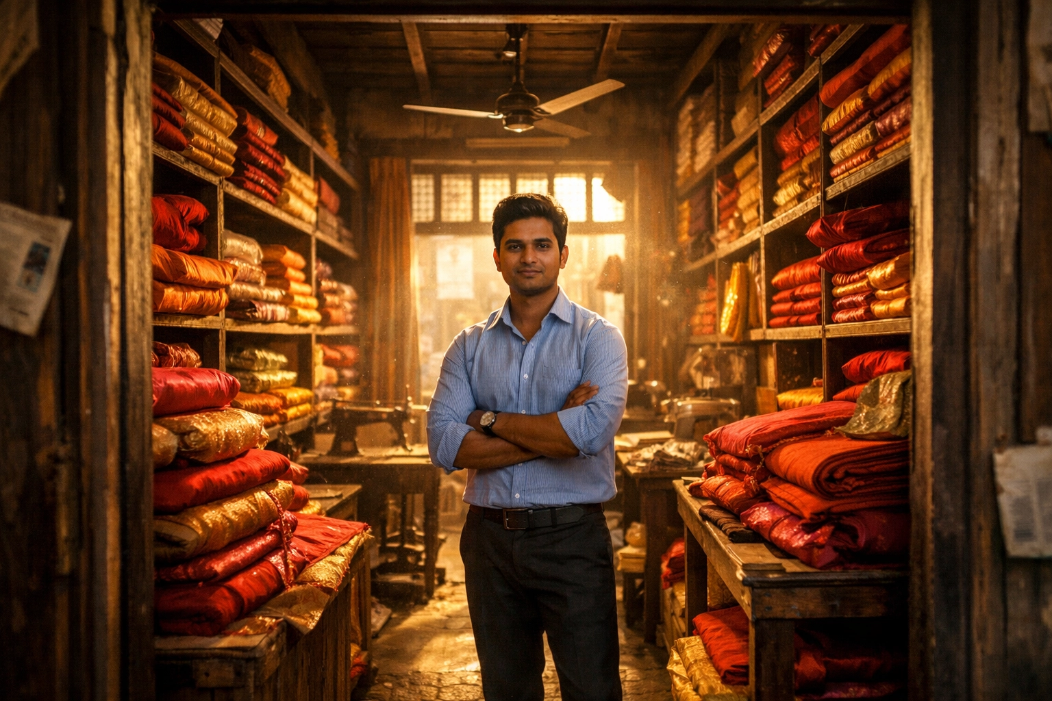 Founder in a traditional Kolkata textile shop illustrating humble beginnings and startup news India.