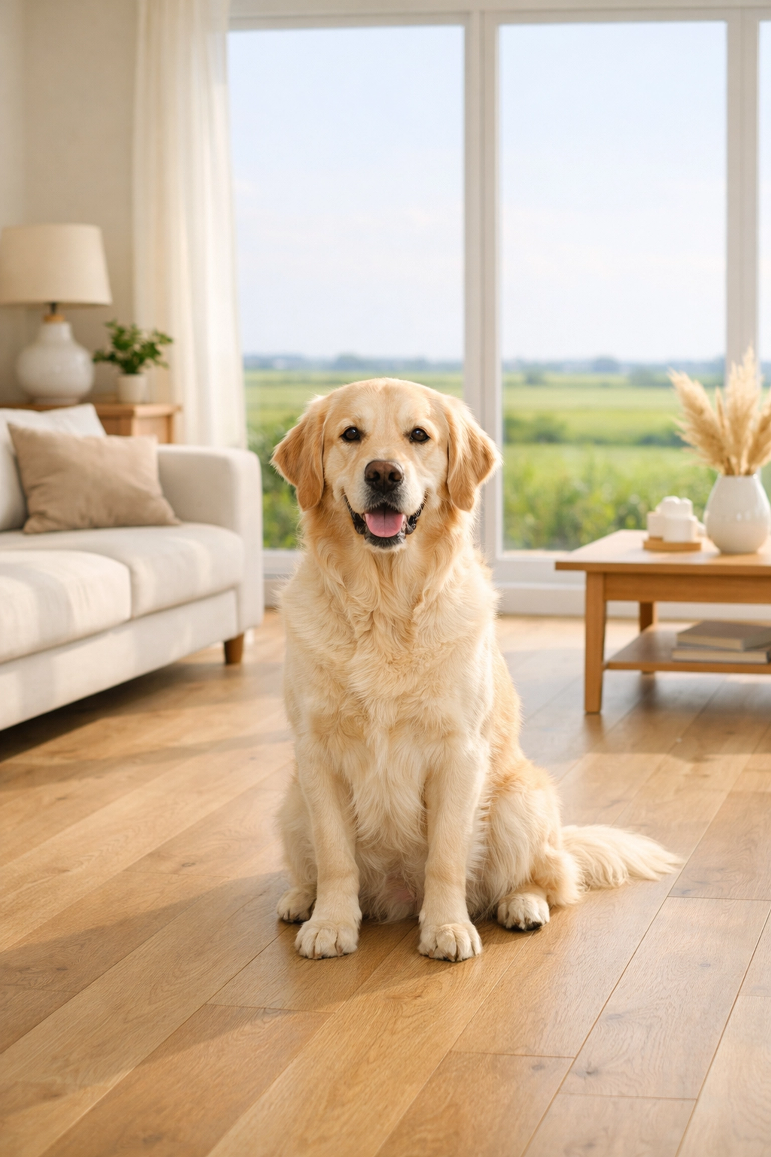 A well-behaved Golden Retriever in a modern Fenland home, illustrating pet-friendly rental possibilities.