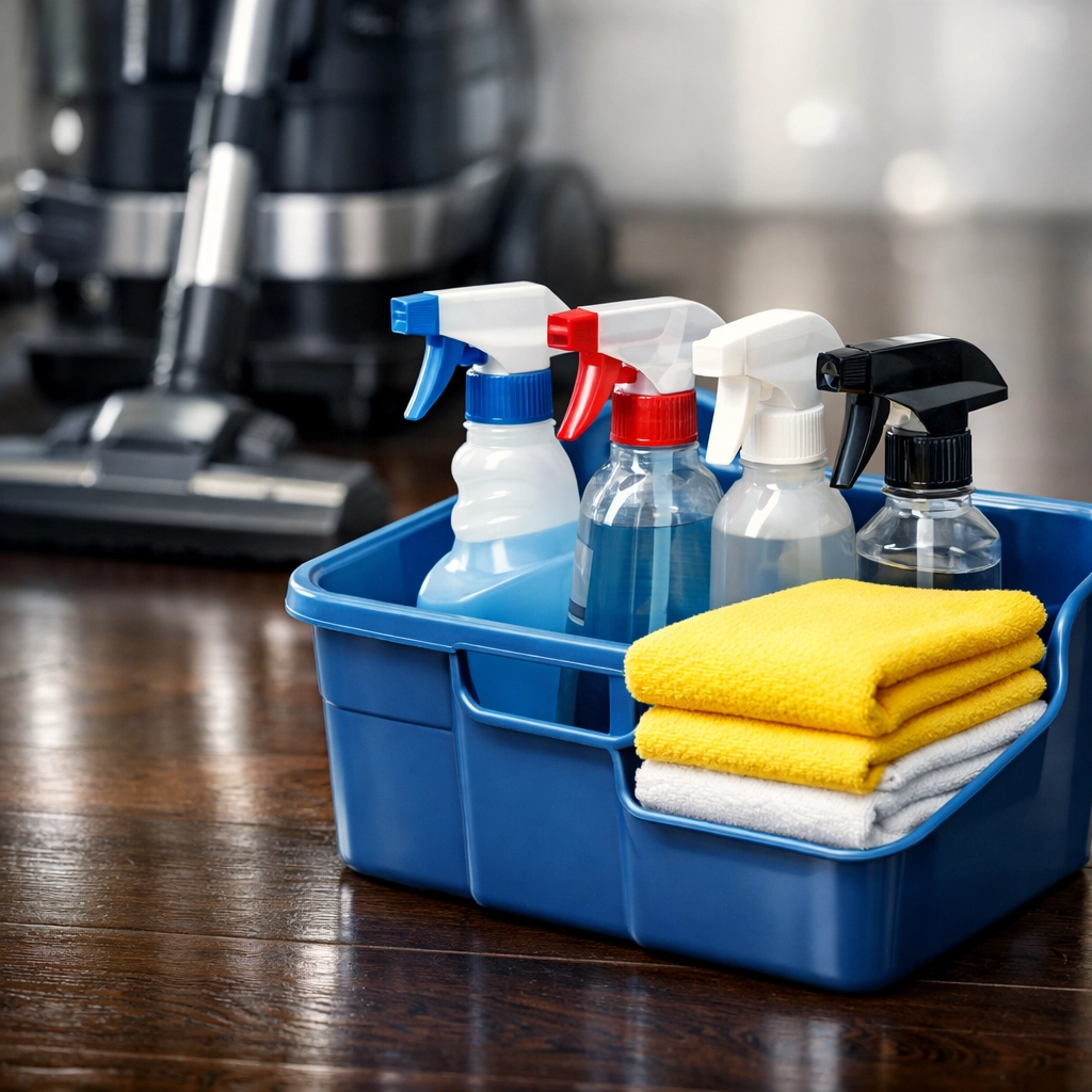 Professional house cleaning tools and equipment on a polished hardwood floor in a Westford home.