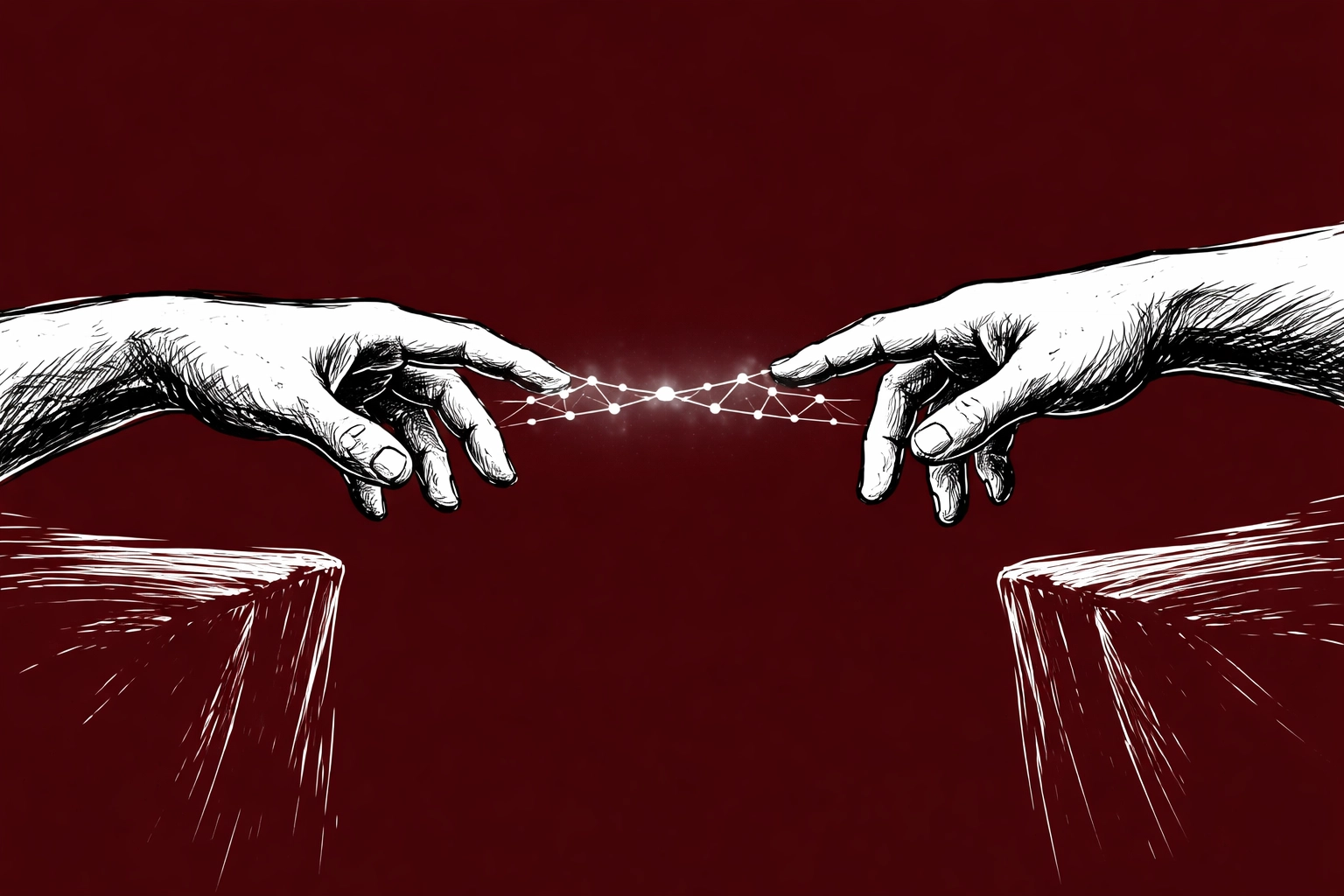 Two hands reach across a gap, bridged by a network of nodes, symbolizing trust infrastructure and verified collaboration.