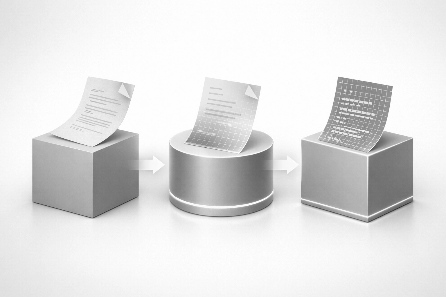 Document flowing through automated OCR processing stages from paper to digital data