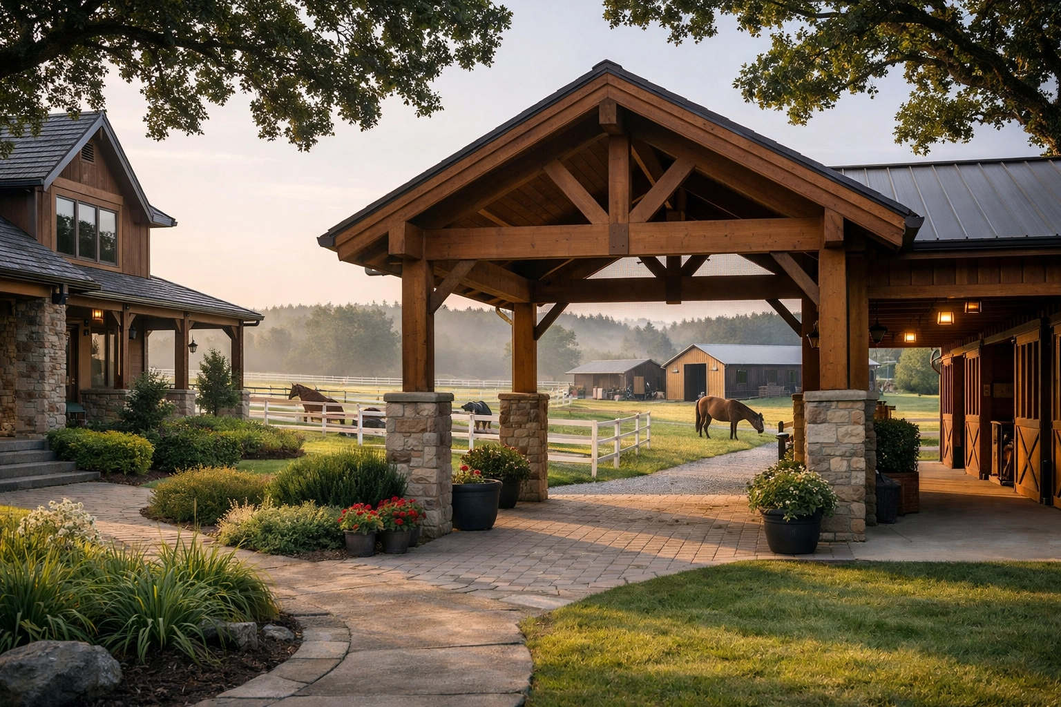Horse property in Waxhaw showing home connected to barn with horses in paddocks