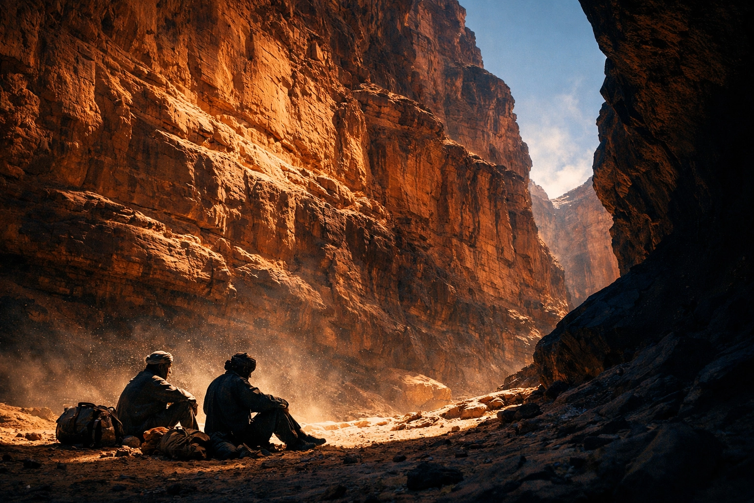 Two pilgrims rest beneath towering red canyon walls in the Painted Desert
