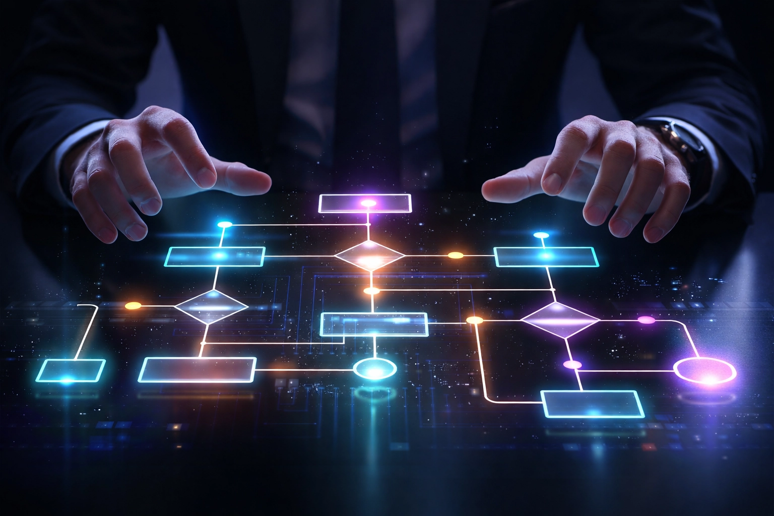 Business professional mapping out an automated process flow with futuristic holographs and nodes