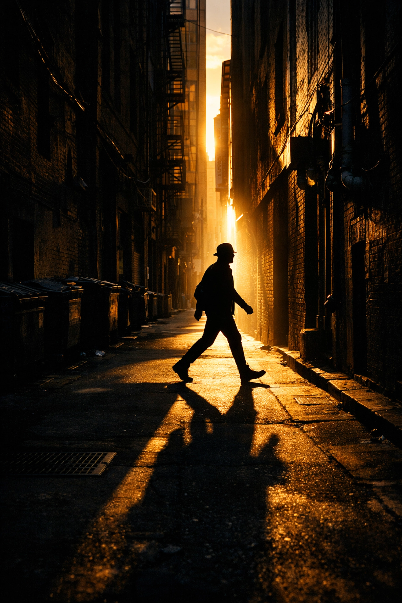 A cinematic and high-contrast street photography shot of a narrow urban alleyway during the 