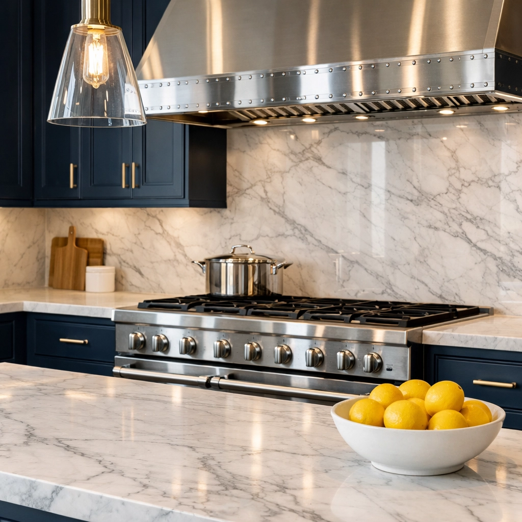 Immaculate luxury kitchen in Lowell MA featuring sparkling marble countertops and stainless steel appliances.