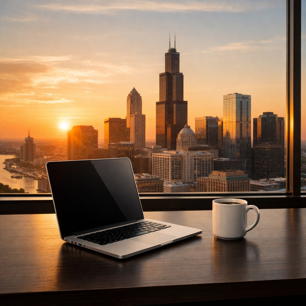 Spotless executive desk in a high-rise office overlooking a major Midwest city skyline at sunset.