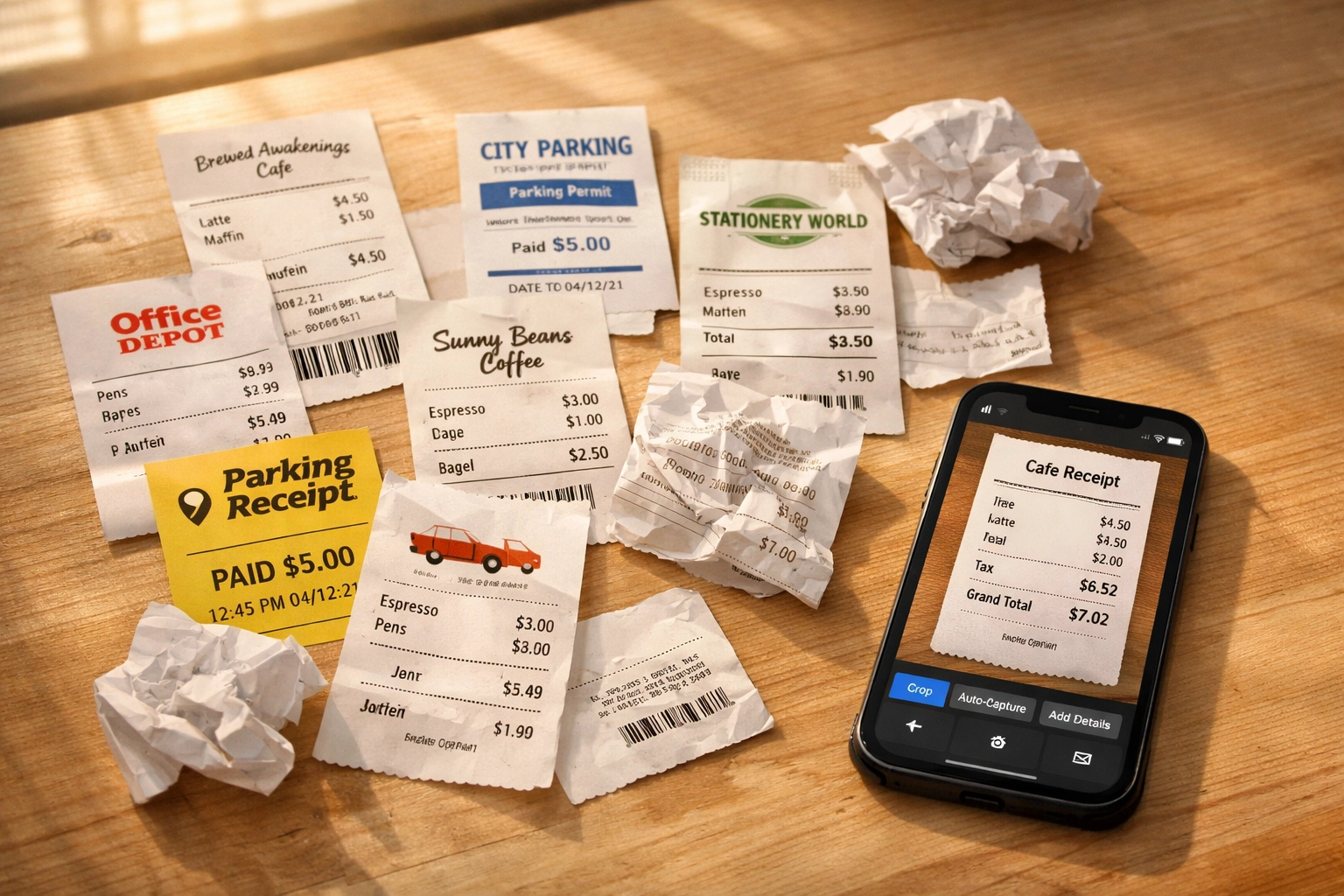 Collection of small business receipts and smartphone showing receipt scanning app for expense tracking