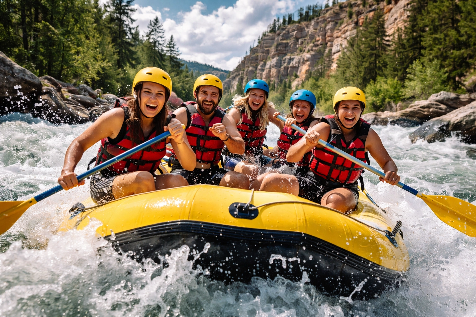 Friends whitewater rafting the Kettle River near Banning State Park, surrounded by sandstone cliffs and pine forest.