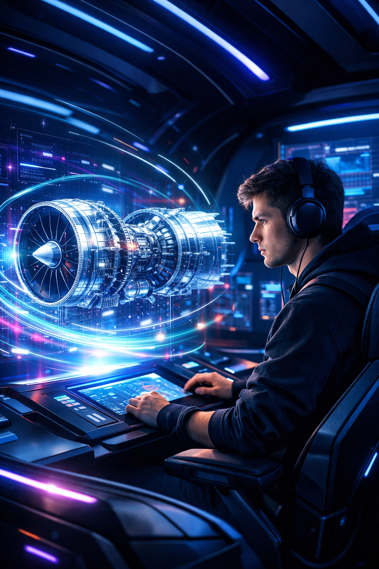 High school student using an AI-powered EsportsPod for aerospace simulation and STEM career development.