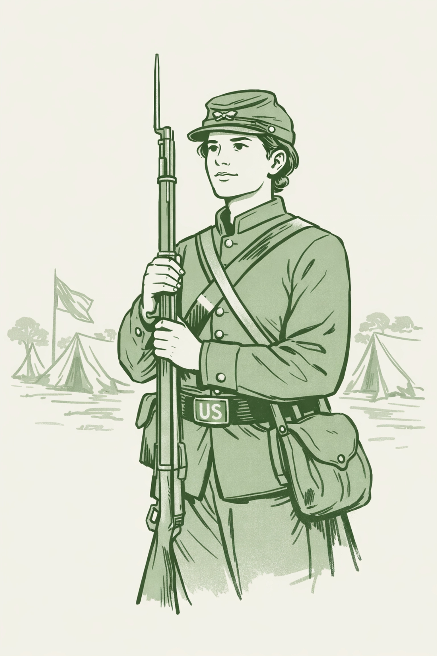 Albert Cashier as Union Army soldier in Civil War camp, 95th Illinois Infantry