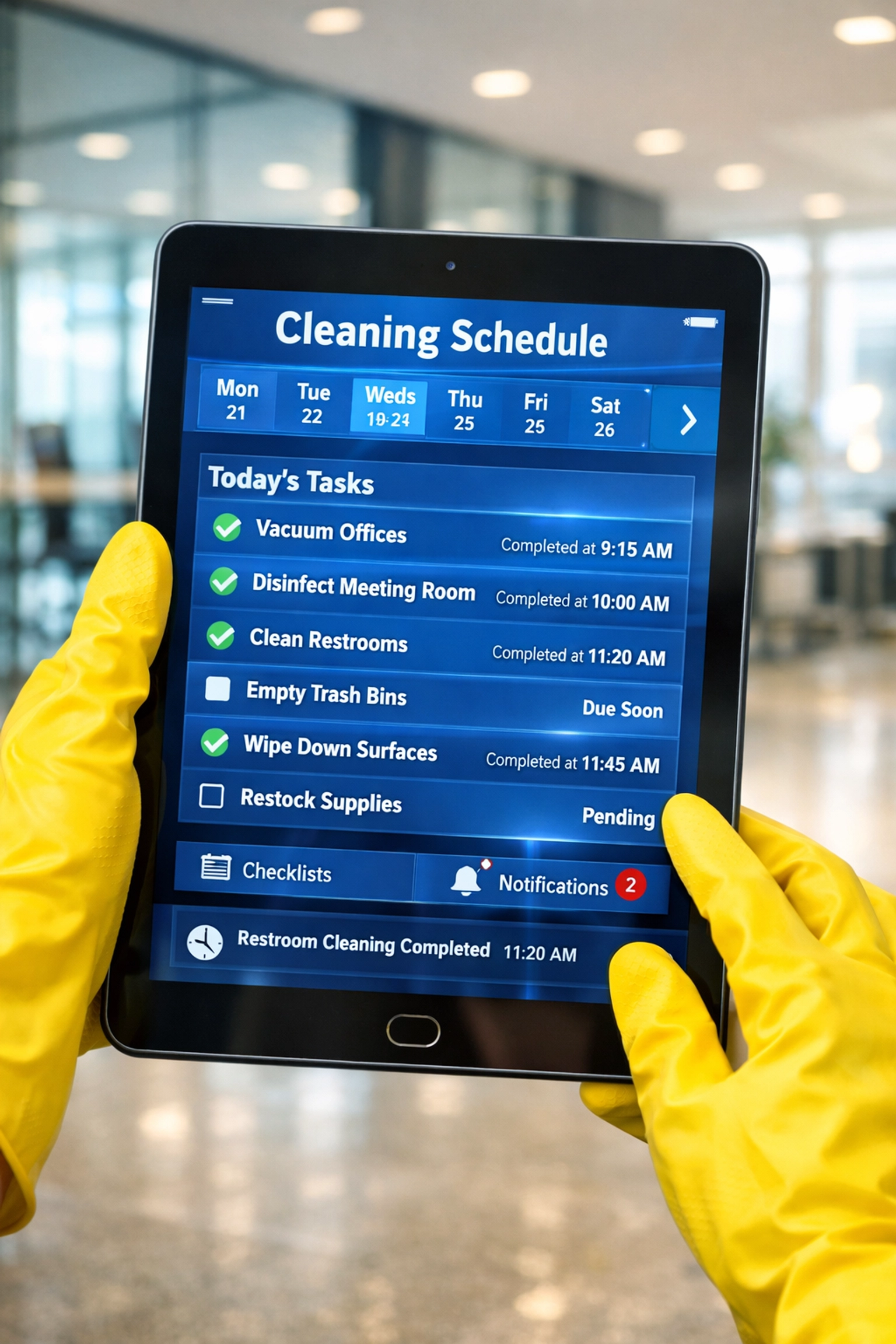 Digital cleaning schedule checklist on tablet for office property management quality control