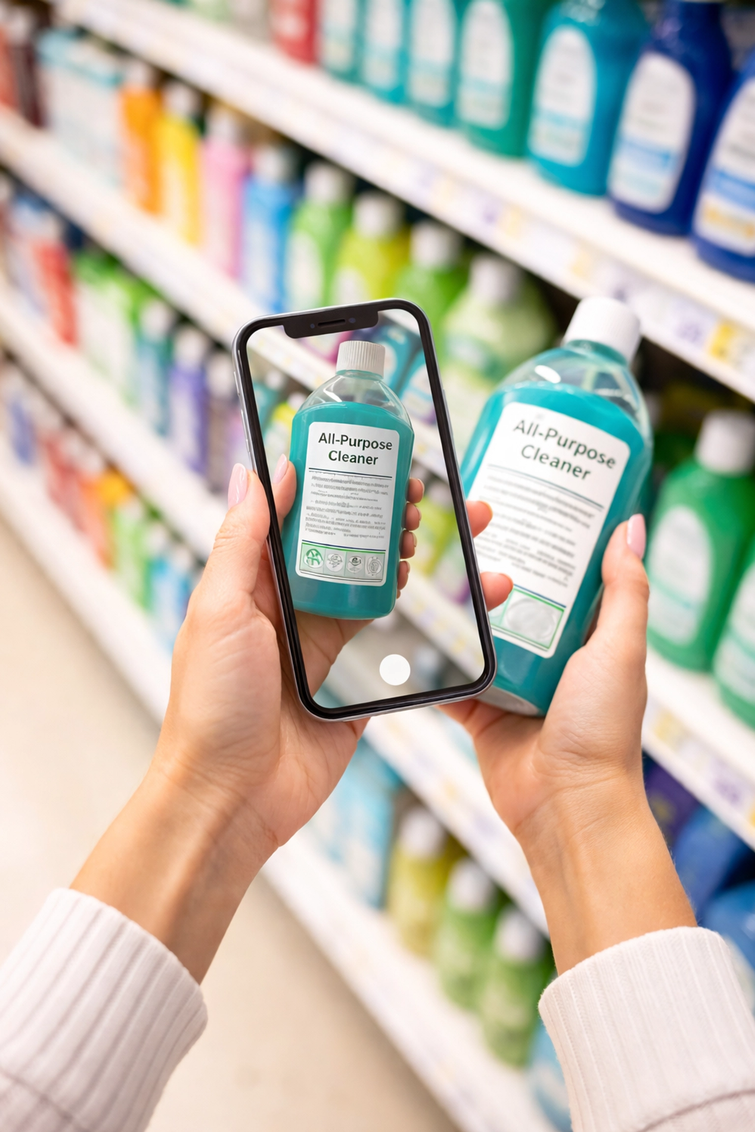 Shopper using smartphone to check cleaning product label ingredients to spot greenwashing