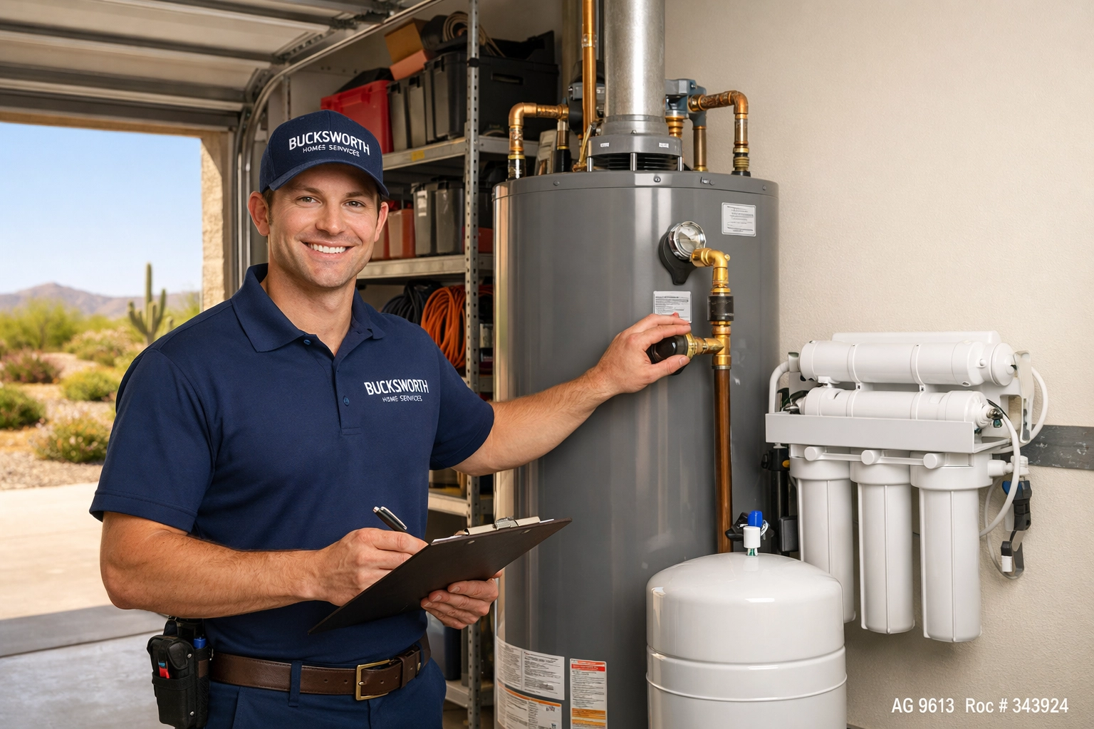 Bucksworth plumber performing a water heater and reverse osmosis system inspection in Surprise, AZ.