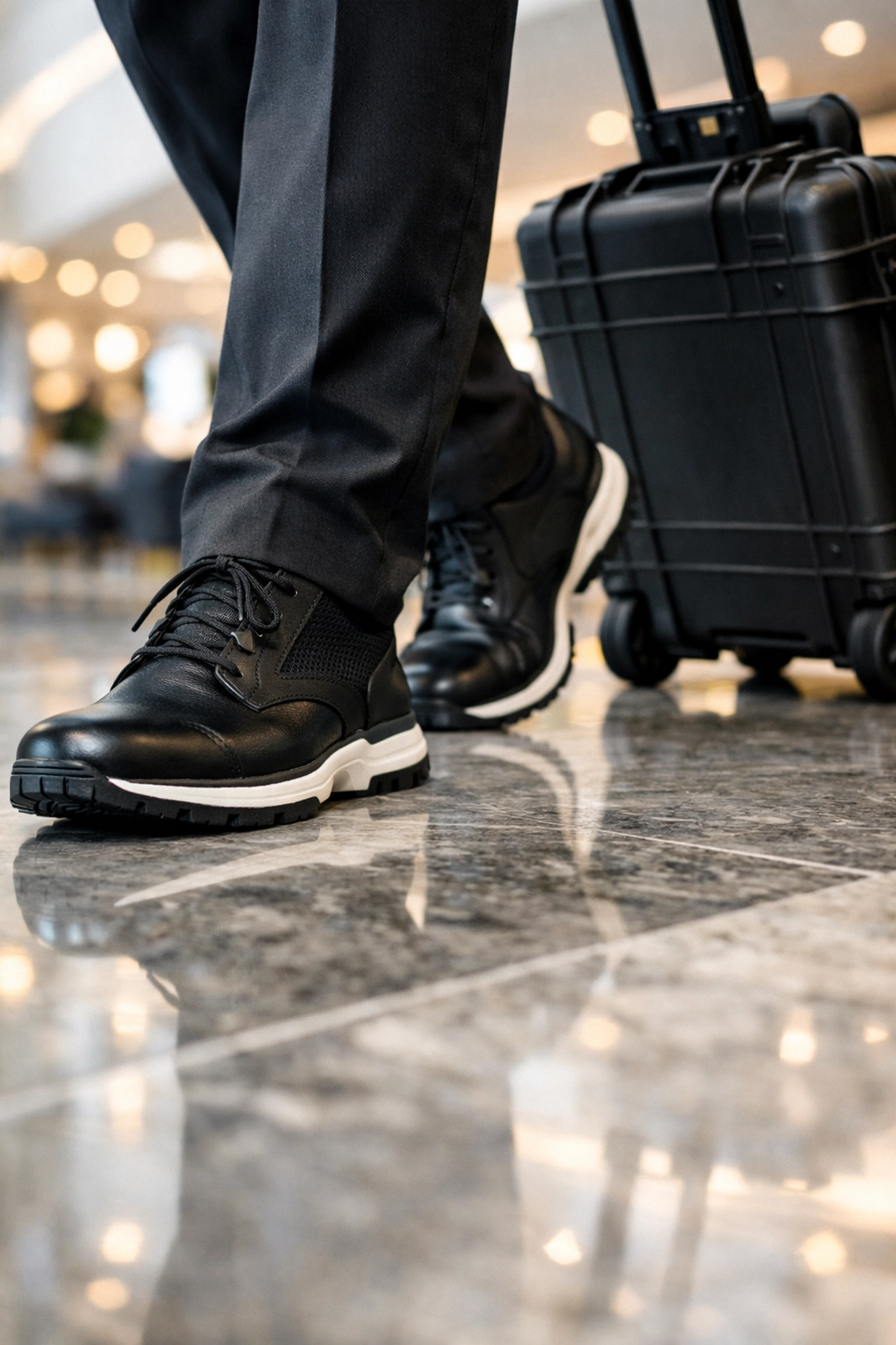 Professional camera gear and footwear on a marble floor, essential for a corporate event photographer in Miami.