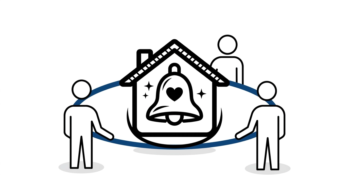 Three figures connected by a deep blue loop, representing household harmony and shared responsibility.