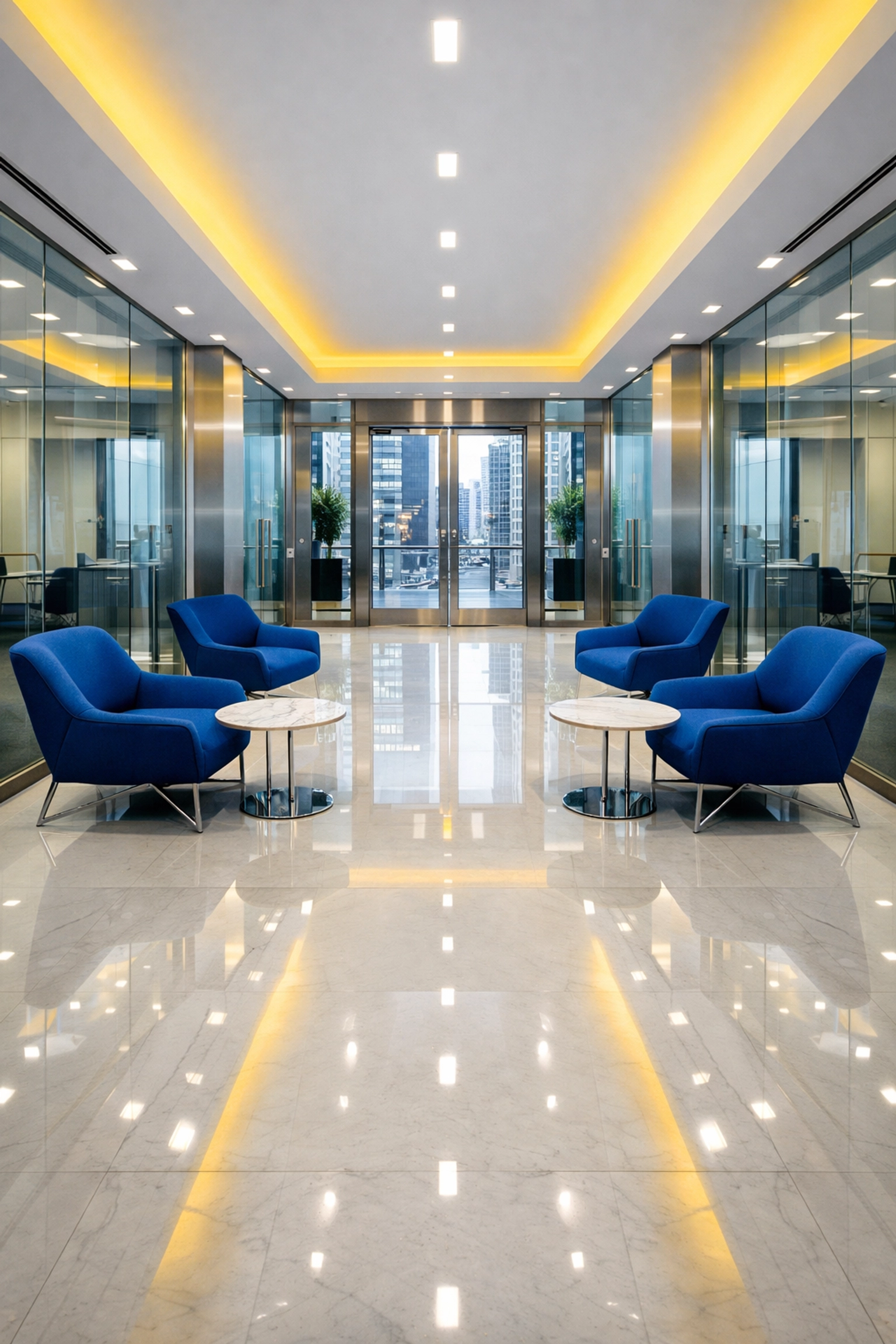 Clean Boston office lobby with polished floors showcasing professional commercial cleaning services near me.