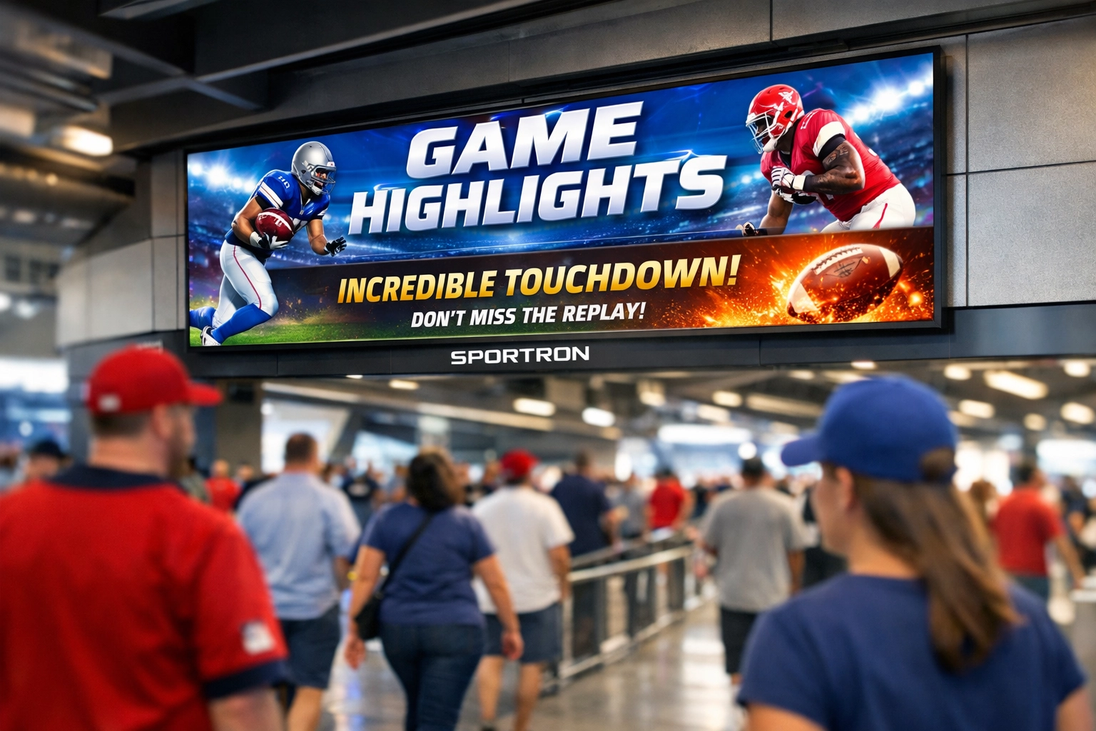 Digital Sportron advertising display in a modern stadium concourse reaching fans on the move.