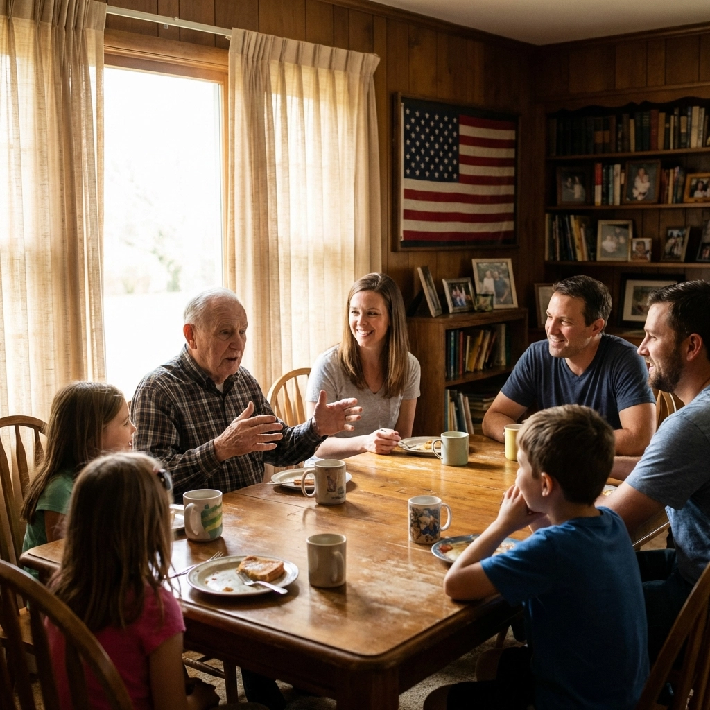 Why Telling America's Stories Still Matters (Pick Up an Oral History Kit for the 250th) Multi-generational American family sharing stories at a dining table with a flag in the background, celebrating America