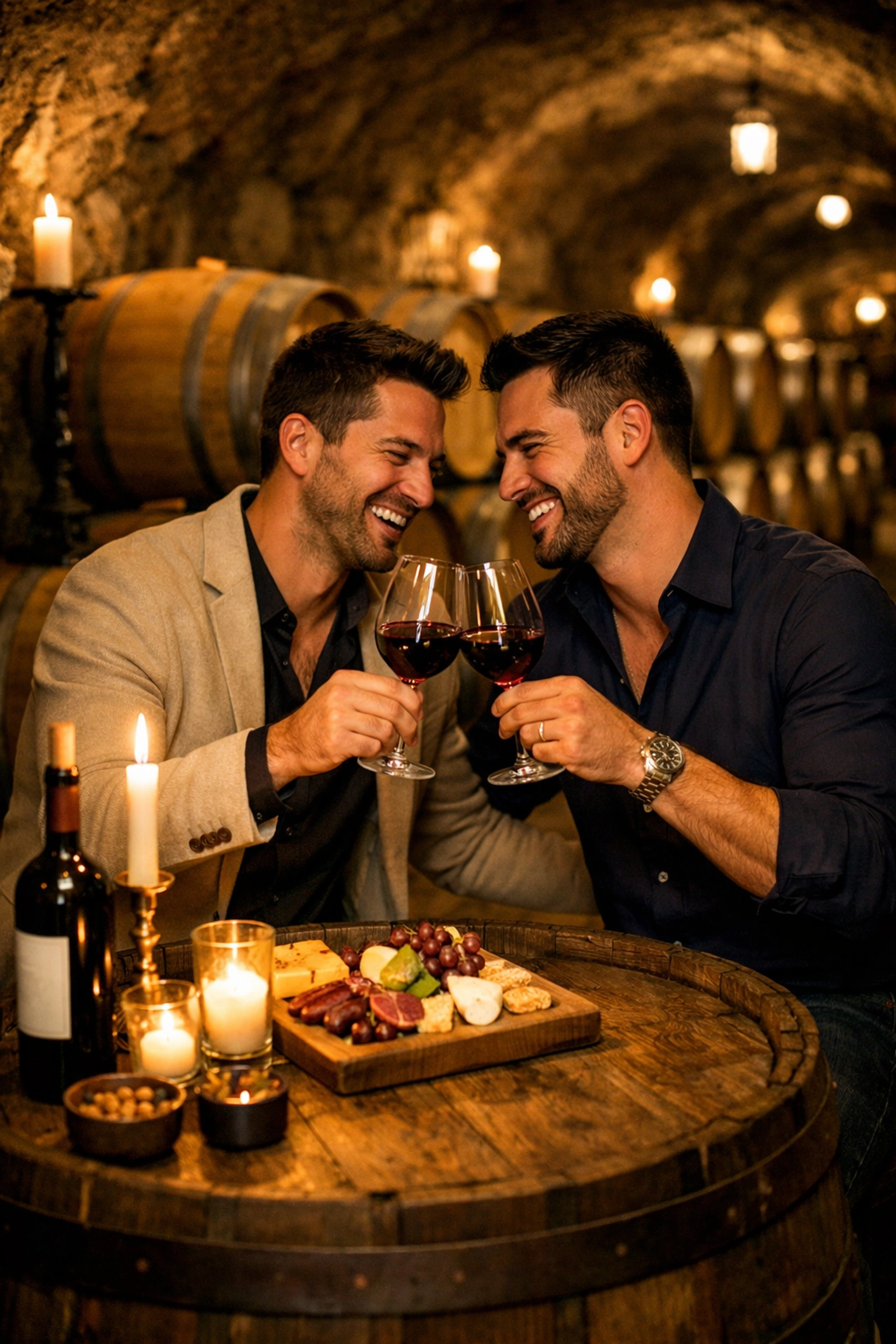 Gay couple enjoying private wine tasting experience in Napa Valley wine cave during honeymoon