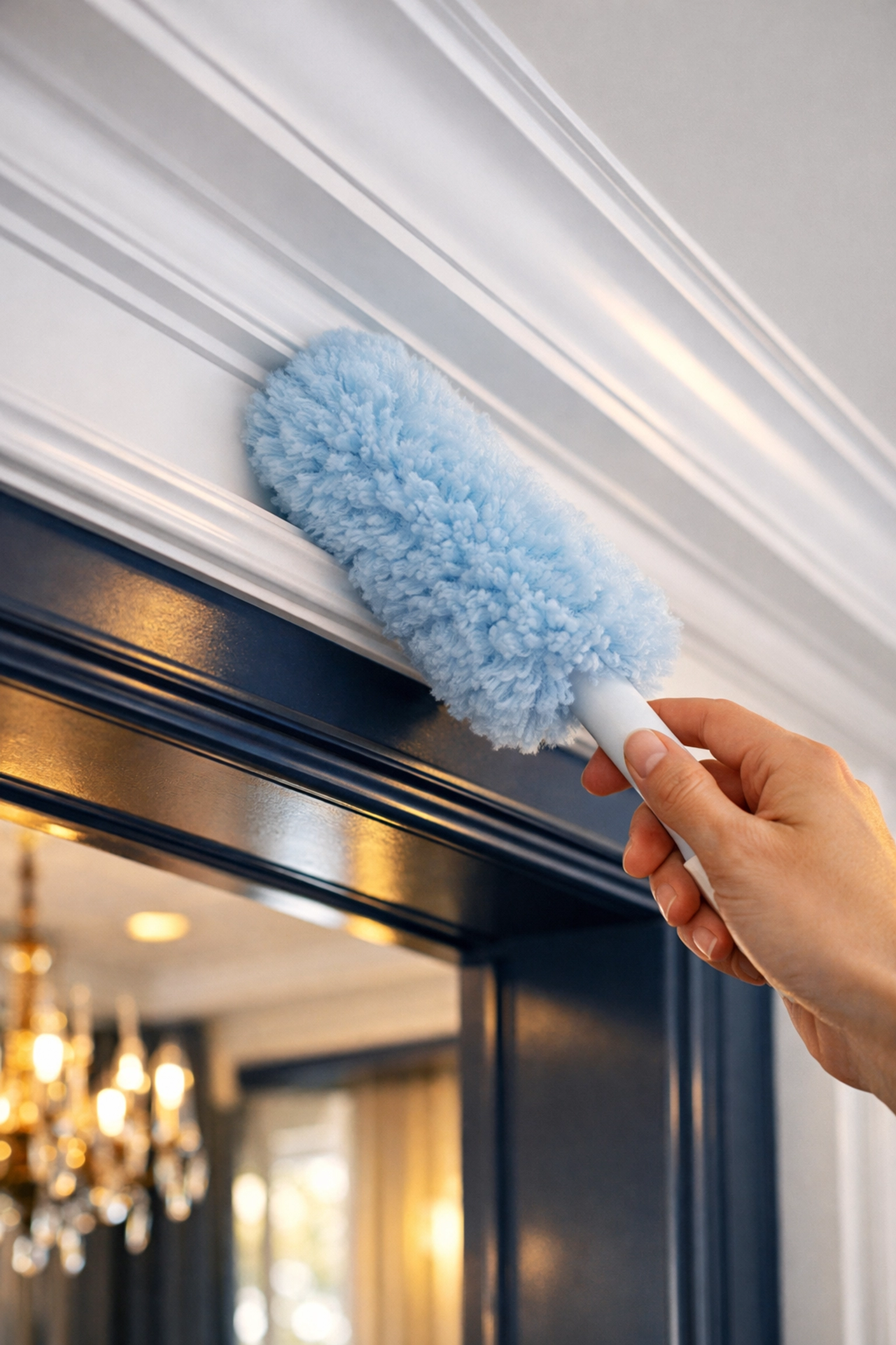 Detailed professional cleaning of living room molding in a luxury Wayland home by The Cleaning Ninjas.