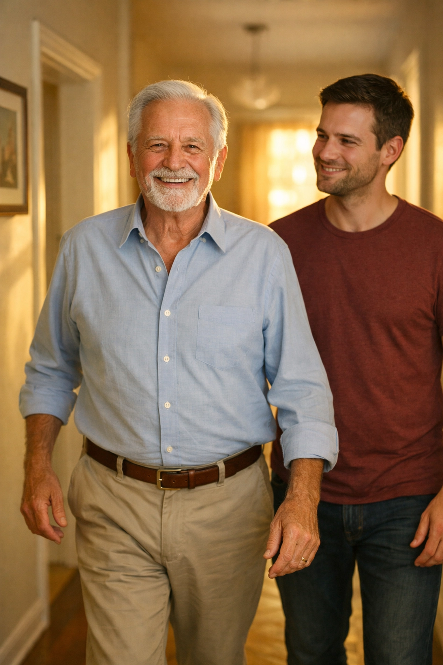 A senior man walking confidently in a safe home environment after recovering from a fall.