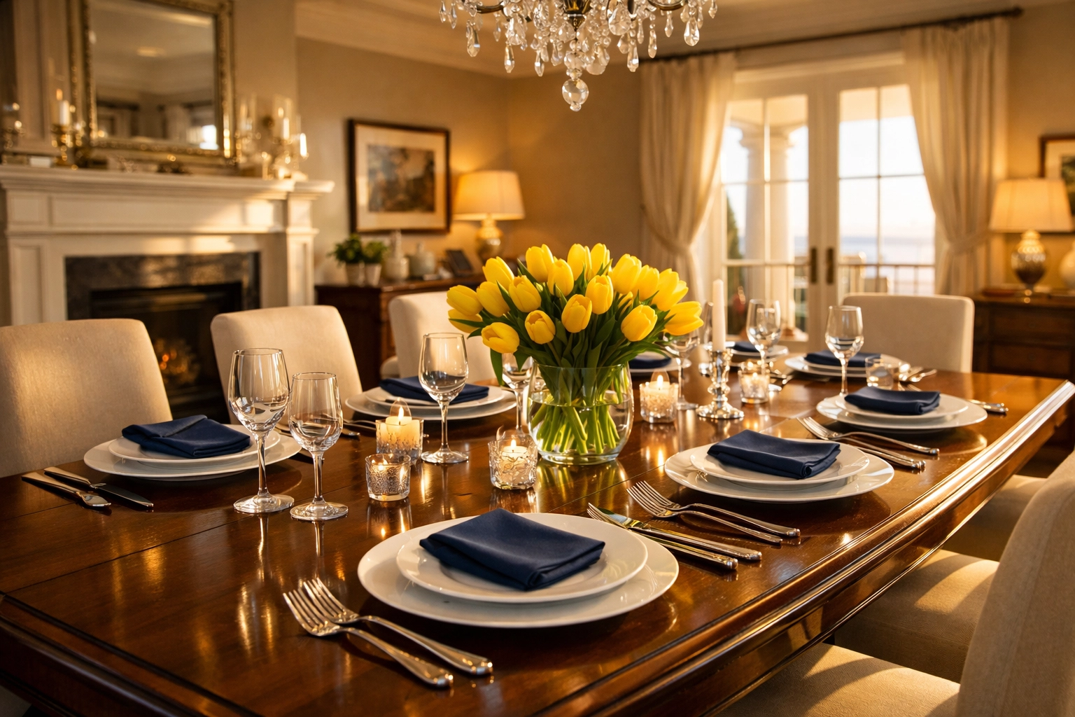 Elegant dining table set with sparkling silver cutlery in a clean, modern home.