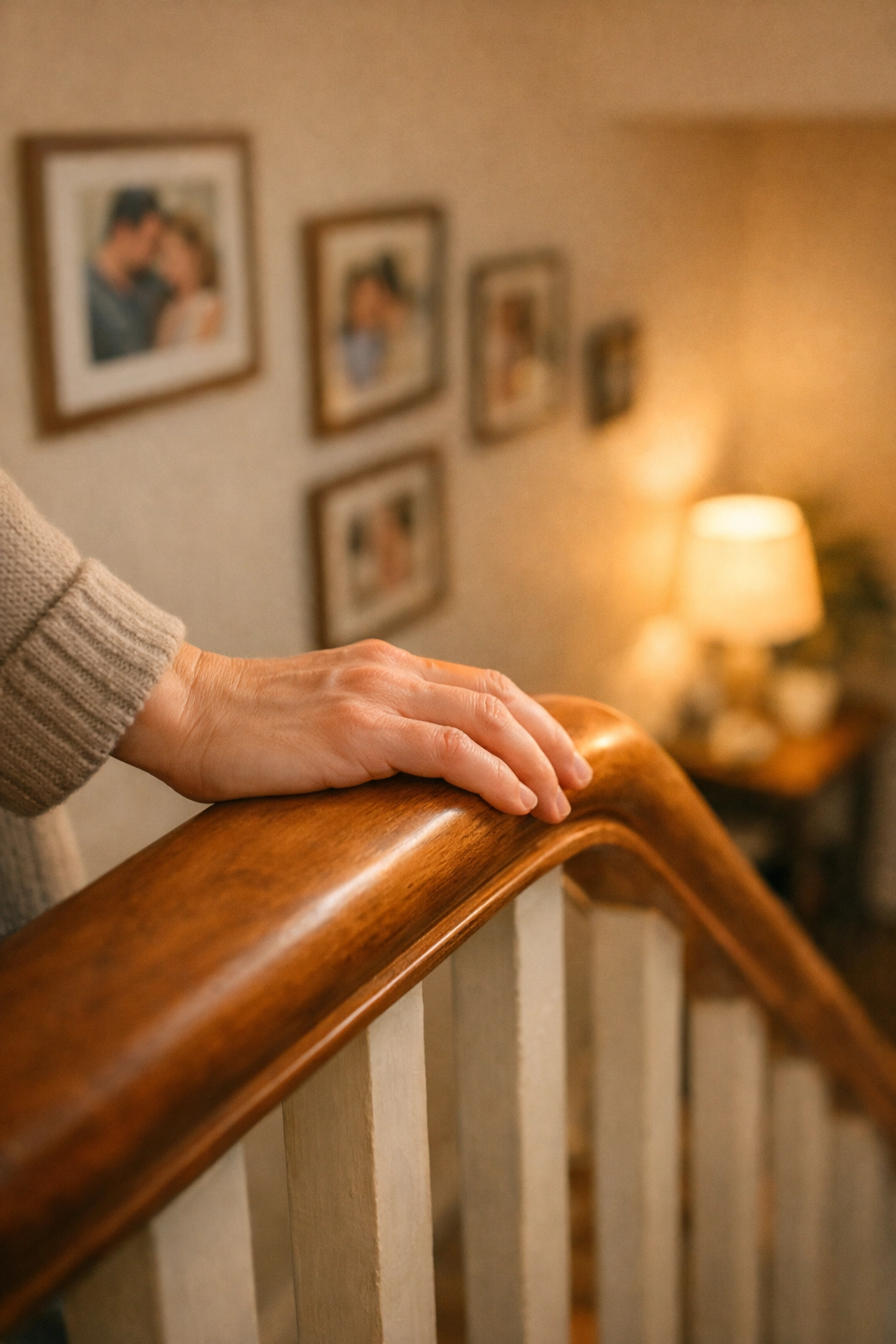 A person's hand firmly gripping an ergonomic wooden banister for stability and fall prevention.