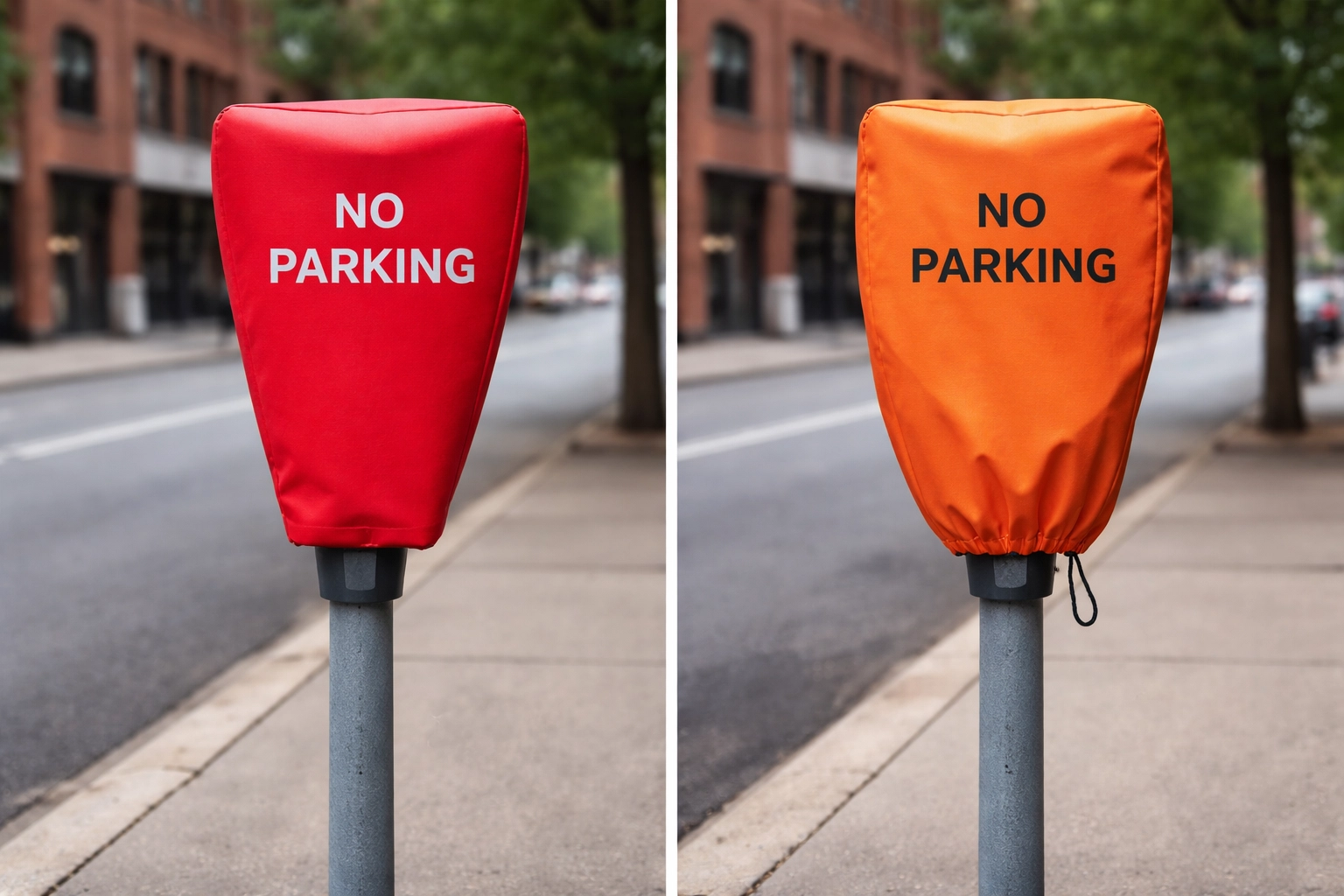 Side-by-side comparison of a parking meter cover and meter bag, highlighting different temporary signage options