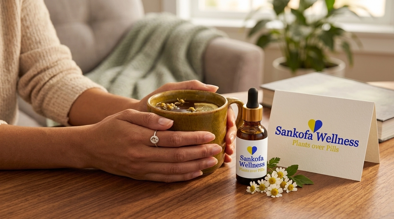 Hands holding herbal tea next to Sankofa Wellness CBD oil