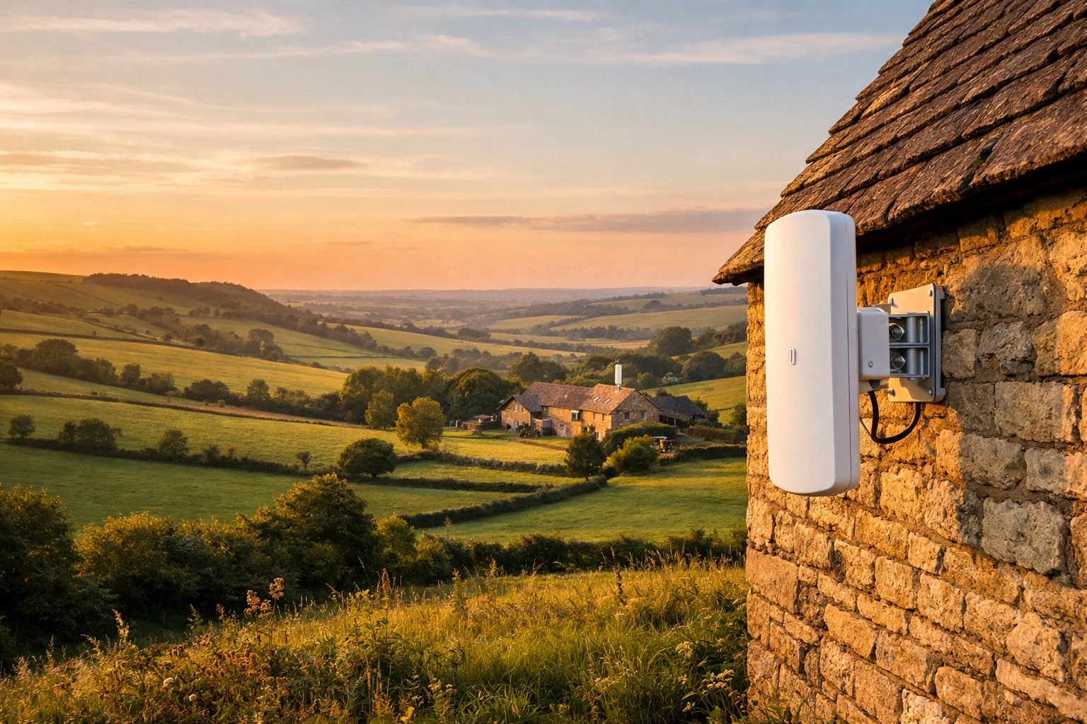 Wireless network bridge on a stone barn linking farm buildings for CCTV security.