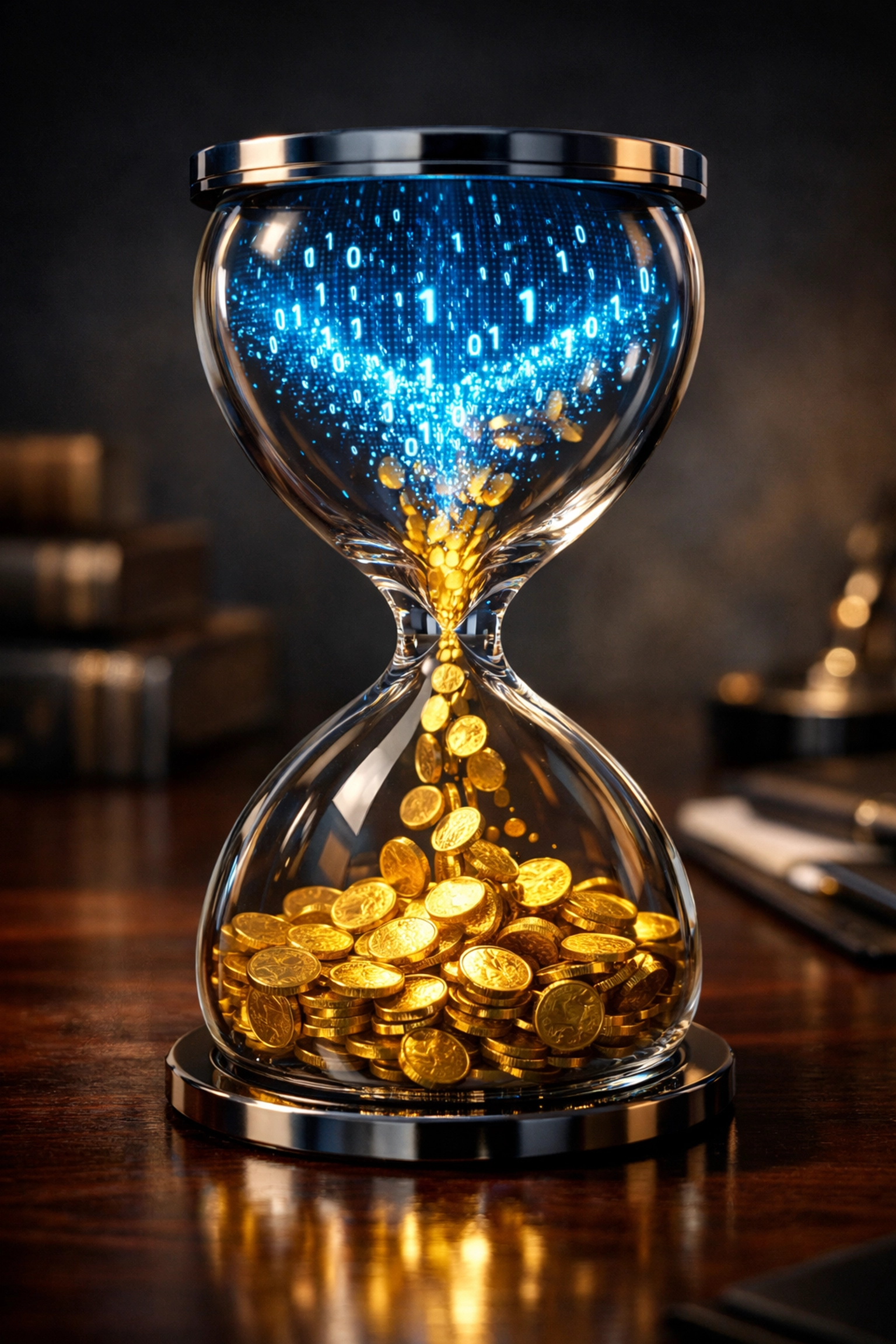 Does AI Automation for Small Business Really Matter in 2026? Here’s the Impact on ROI 2 Hourglass converting digital code into gold coins, representing AI automation ROI for small businesses.
