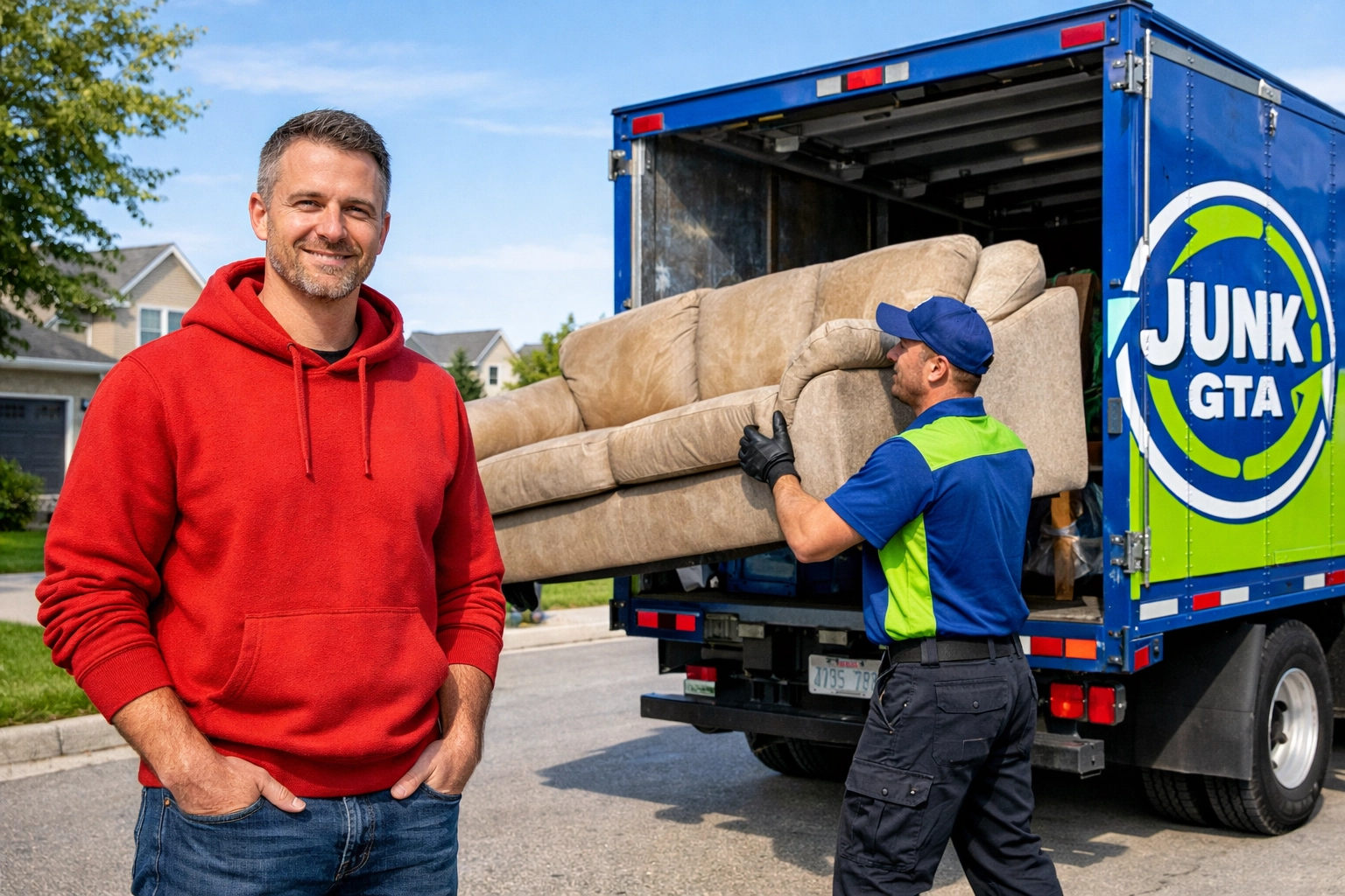 Top 7 Furniture Disposal Tips for Innisfil Homeowners Junk GTA crew performing professional furniture removal Innisfil by loading an old sofa into a branded truck.