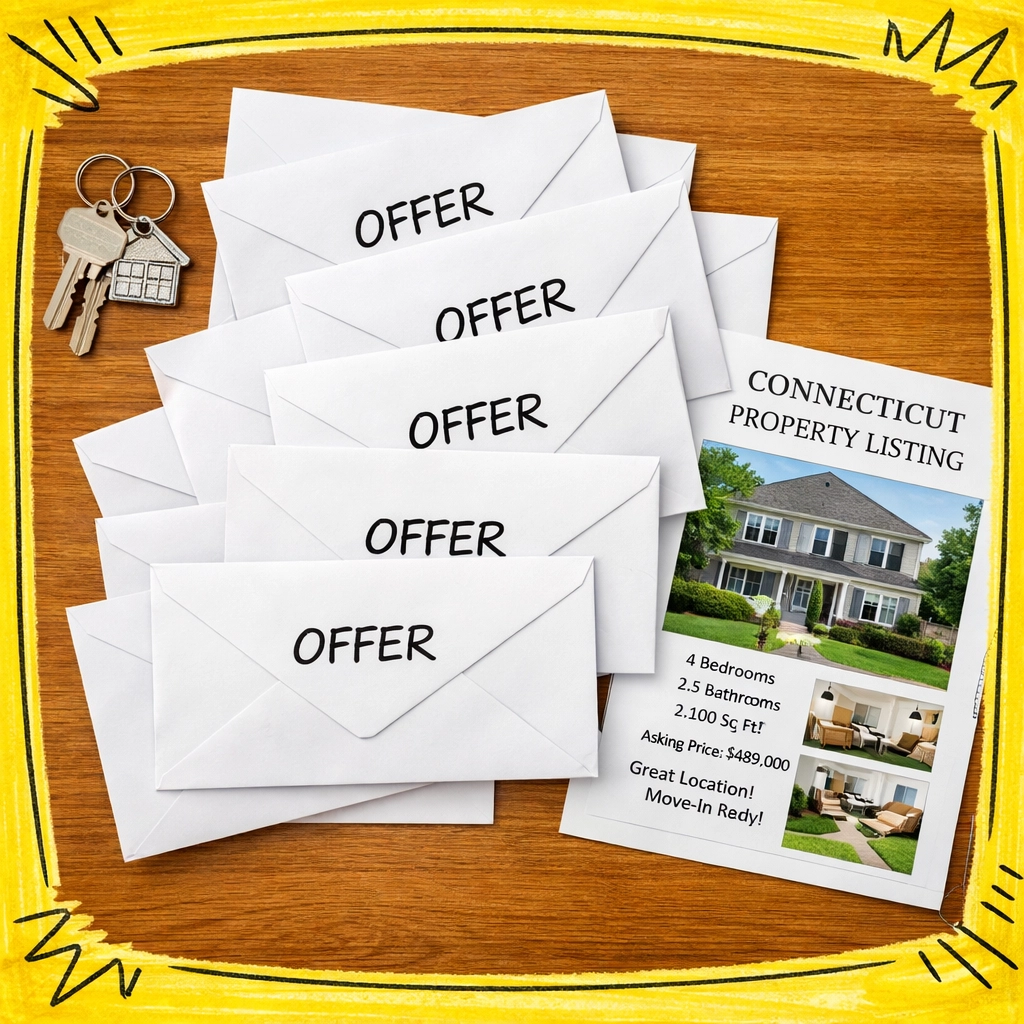 Multiple offer letters on desk illustrating competitive Connecticut housing market
