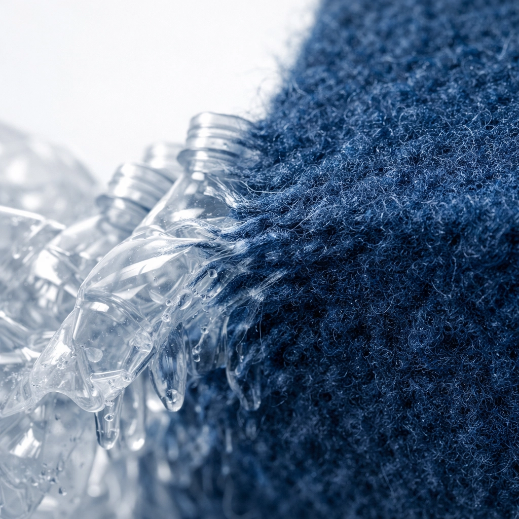 Recycled plastic water bottles being repurposed into eco-friendly PET acoustic panel material.